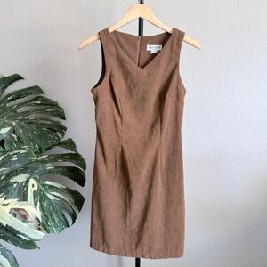 VTG 90s Alyn Paige Brown Faux Suede Sleeveless V-Neck Sheath Mini Dress USA made